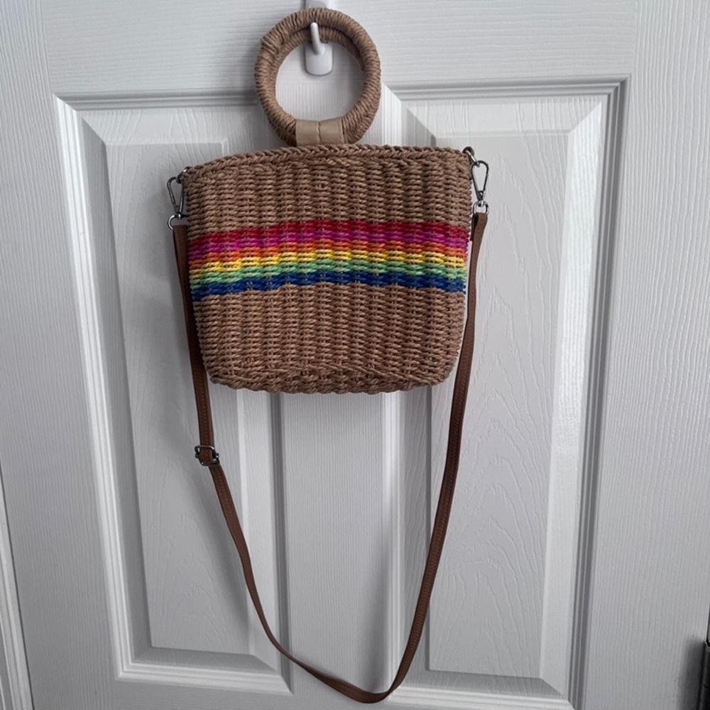 Straw Woven‎ Tote Bag Rainbow Stripe Top Handle Crossbody Purse - Picture 12 of 14